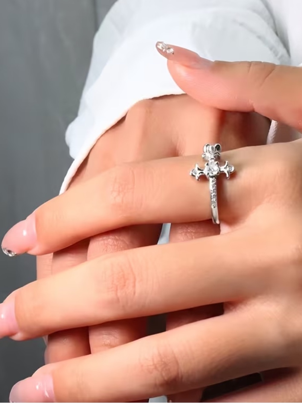 18K White Gold Crystal Fleur de Lis Cross Ring
